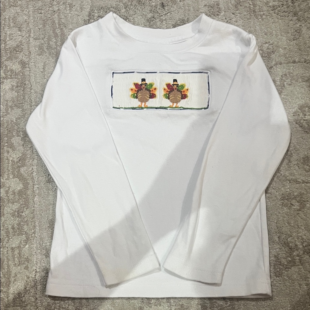 White Kids Long-Sleeve Shirt with Smocked Thanksgiving Turkey